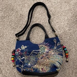 Elegant Blue Peacock Embroidered Shoulder Bag